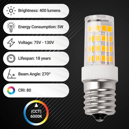 Single 5W E17 LED bulb with technical specification infographic showing brightness, voltage, and 6000K color temperature.