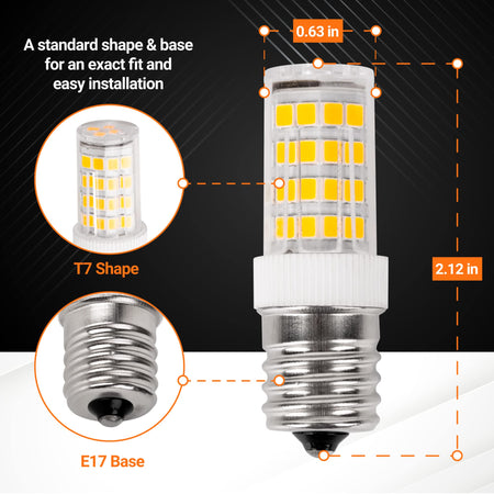 Diagram showing dimensions of 5W E17 LED bulb with T7 shape and E17 base for refrigerator and microwave.