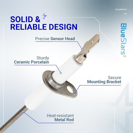 Diagram of 62-23543-01 furnace flame sensor showing sensor head, ceramic porcelain, mounting bracket, and metal rod.