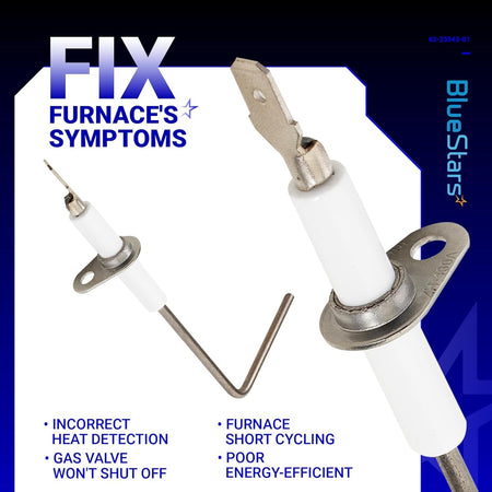 Two 62-23543-01 furnace flame sensors with white ceramic insulators and bent metal sensing rods.