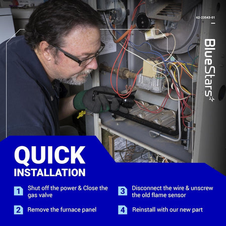 Technician performing quick installation of 62-23543-01 furnace flame sensor with step-by-step instructions.