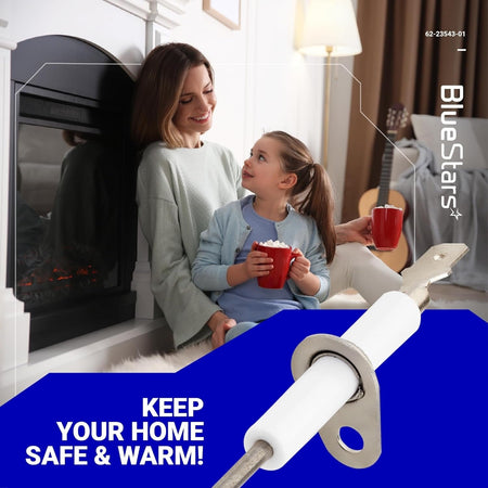 62-23543-01 furnace flame sensor replacement part shown against a lifestyle background with a family by a fireplace.