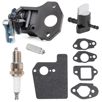 Honda GCV160 engine repair kit with thermo wax assembly, choke control, fuel shut-off valve, spark plug, and gaskets.