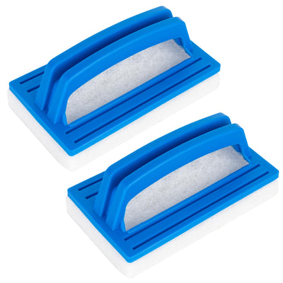 Two hand-held pool scrub brushes with blue plastic handles and white abrasive sponge pads.