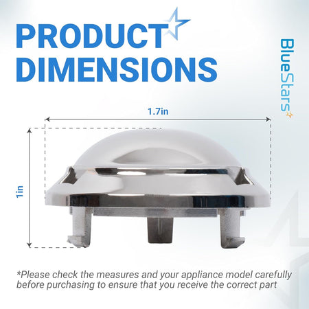 Dimension diagram of DC66-00777A Samsung washer pulsator cap showing 1.7-inch width and 1-inch height.