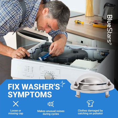 Technician repairing a Samsung washer with a close-up of the DC66-00777A pulsator cap replacement part.