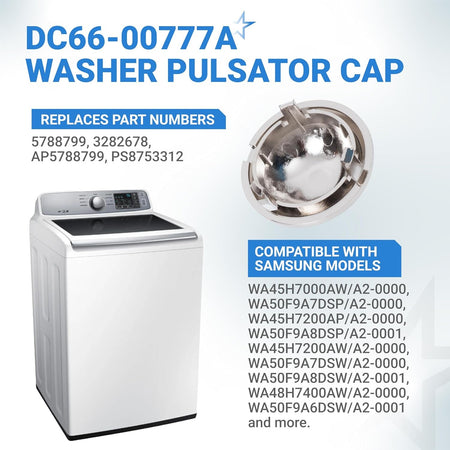 DC66-00777A washer pulsator cap replacement for Samsung washing machines with compatibility and part number information.