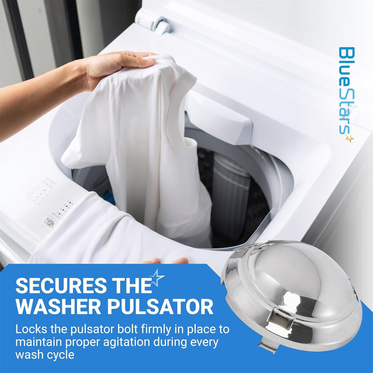 DC66-00777A washer pulsator cap replacement shown with a Samsung washing machine for installation reference.