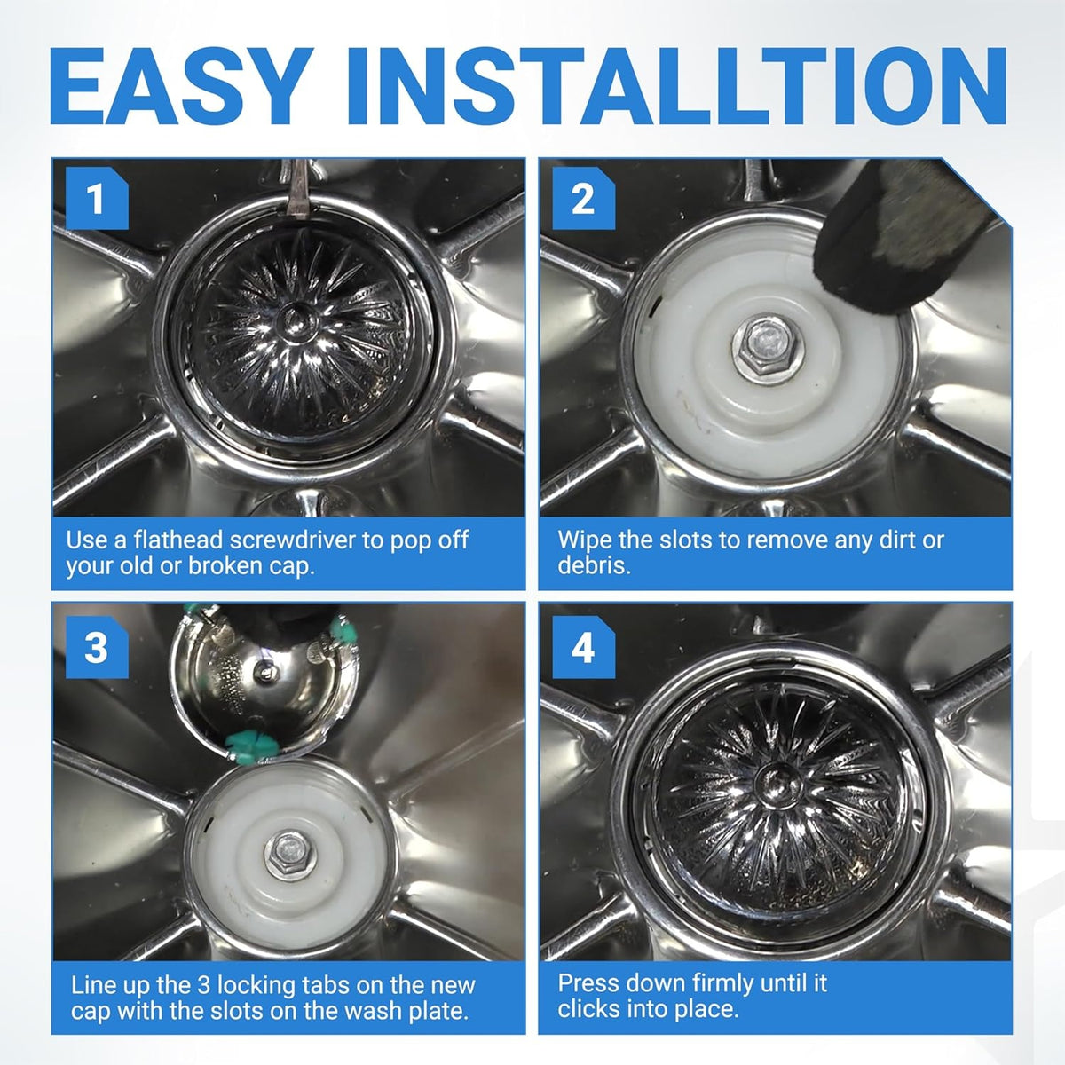 Four-step installation guide for Samsung washer pulsator cap replacement DC66-00777A.