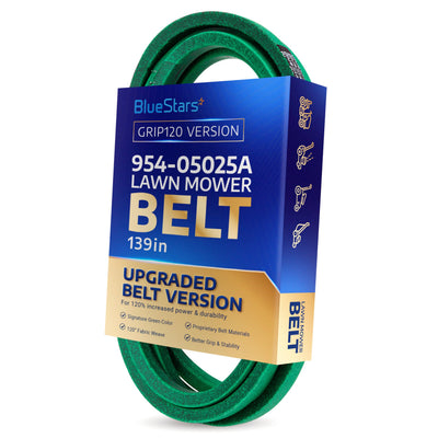 BlueStars 954-05025A green lawn mower deck belt in branded packaging for 54-inch mower decks.