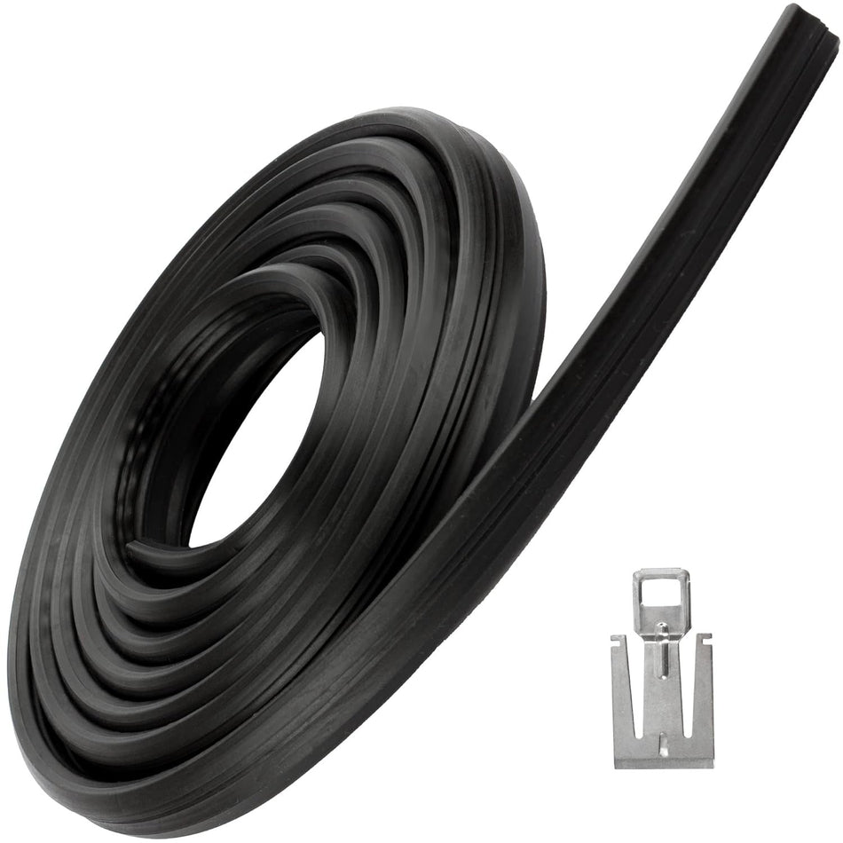 Coiled black dishwasher door gasket and metal strike plate kit for Whirlpool, Kenmore, and Maytag dishwashers.