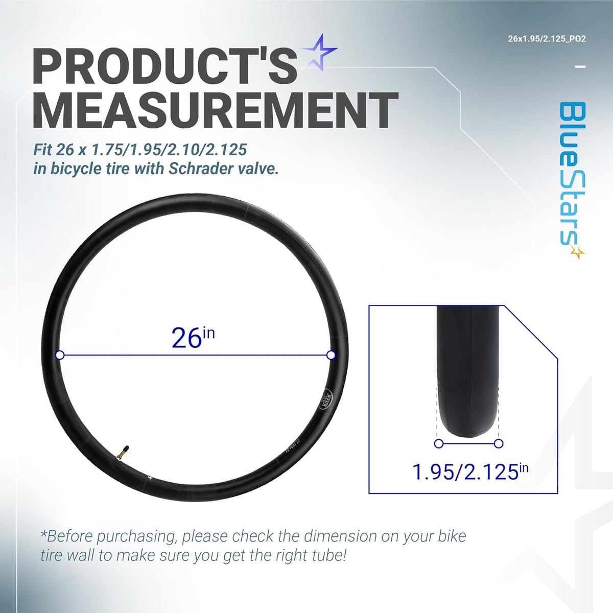 Infographic showing 26-inch bicycle inner tube measurements and Schrader valve compatibility.