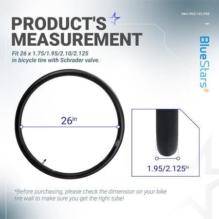 Infographic showing 26-inch bicycle inner tube measurements and Schrader valve compatibility.