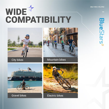 Infographic showing wide compatibility of 26-inch bicycle inner tubes with city, mountain, gravel, and electric bikes.