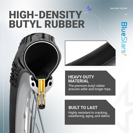 Cross-section diagram of 26-inch bicycle inner tube showing high-density butyl rubber construction and valve detail.