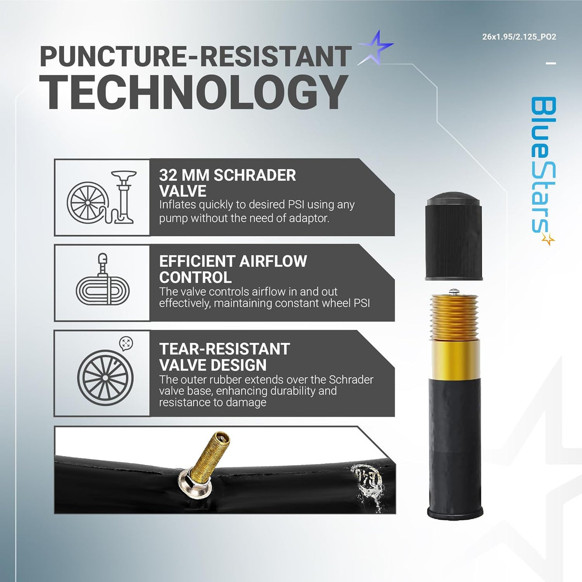 Infographic showing puncture-resistant technology and 32mm Schrader valve details for 26-inch bicycle inner tubes.