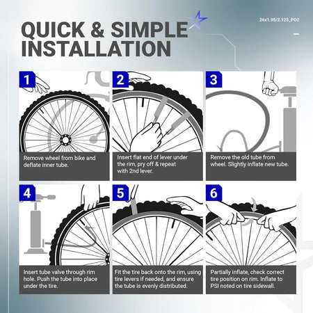 Six-step instructional diagram showing how to install 26-inch bicycle inner tubes.