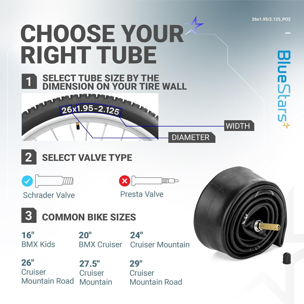 Infographic guide for selecting 26-inch bicycle inner tubes by tire size and Schrader valve type.
