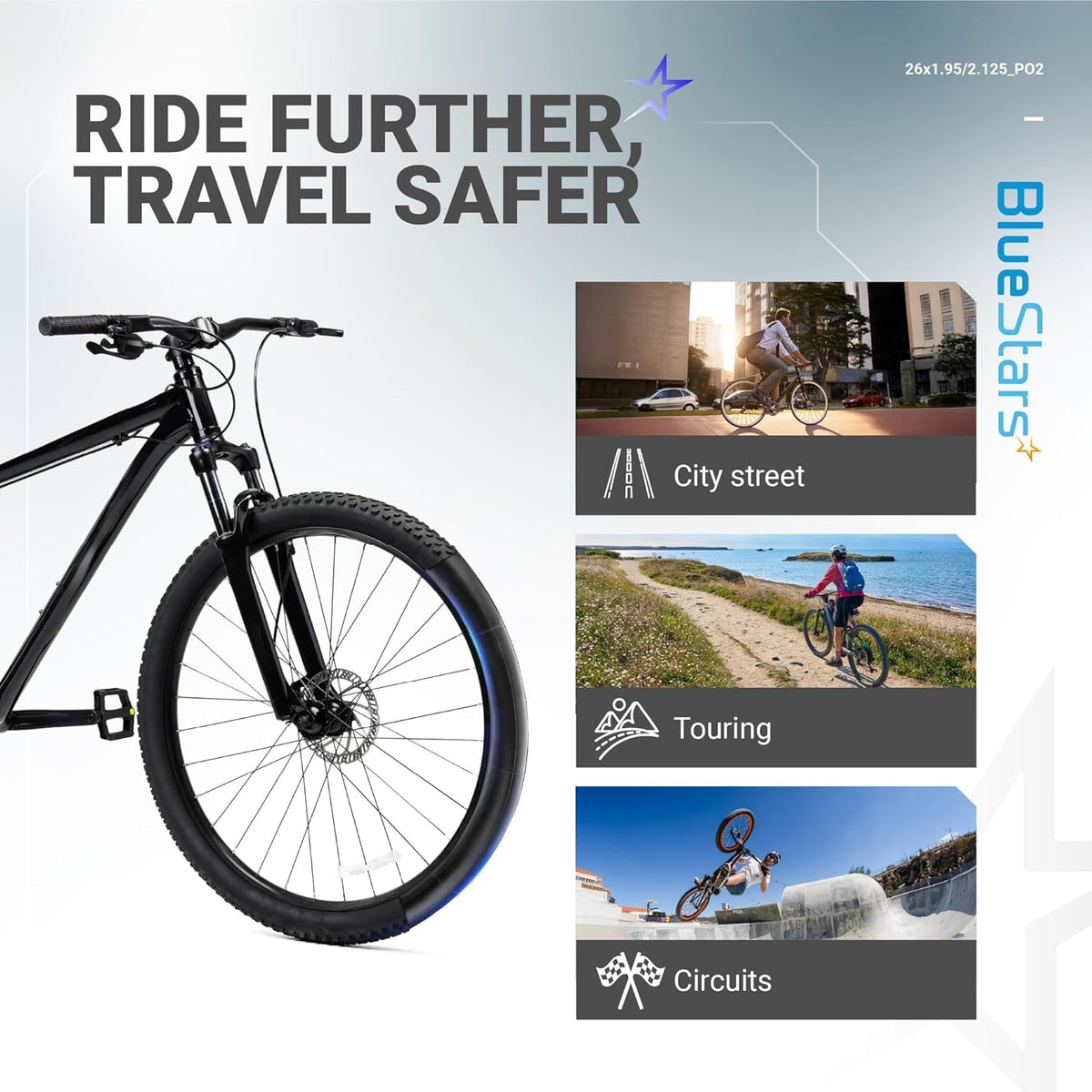 BlueStars 26-inch bicycle inner tube lifestyle infographic showing city, touring, and circuit riding applications.