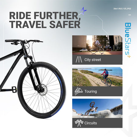 BlueStars 26-inch bicycle inner tube lifestyle infographic showing city, touring, and circuit riding applications.