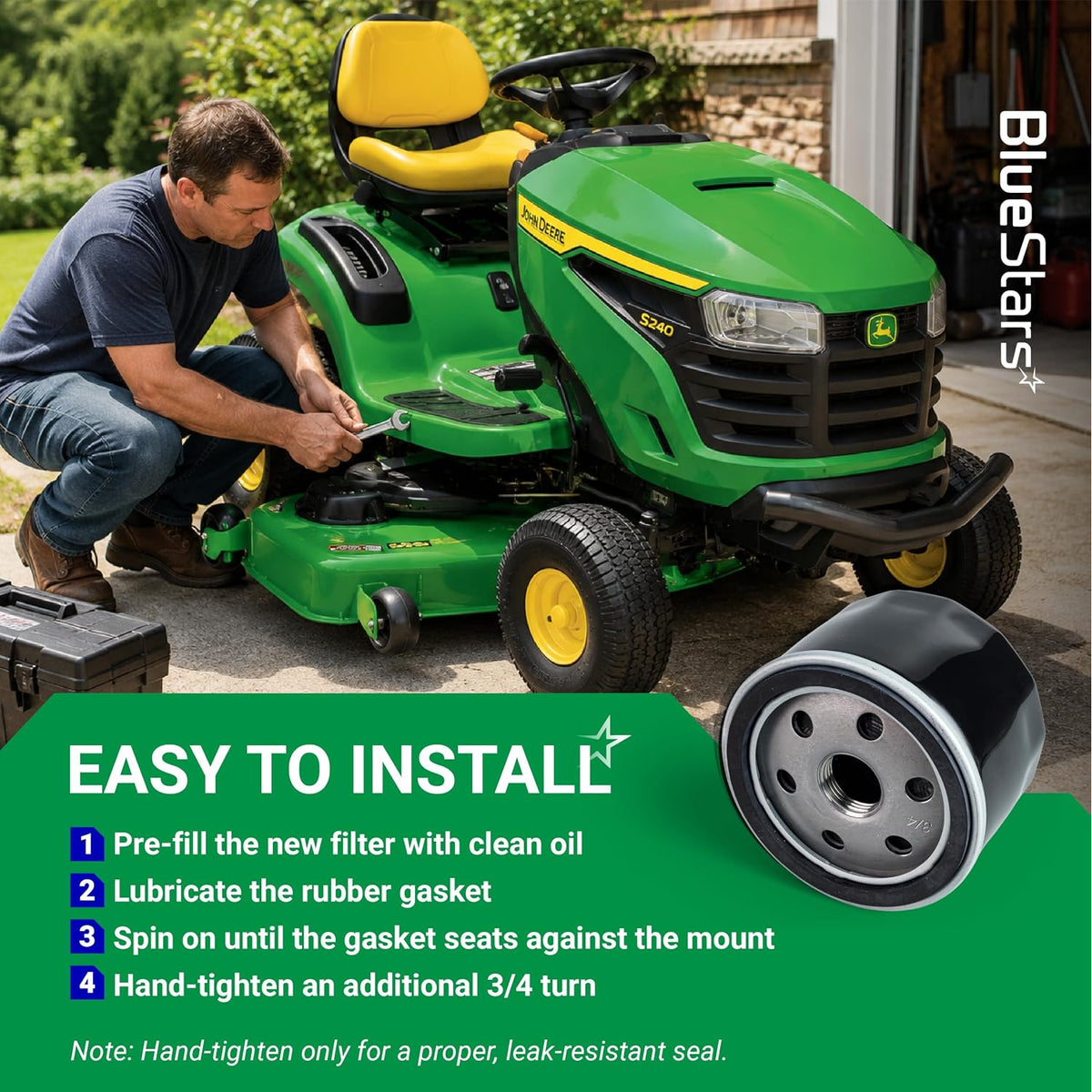 492932S 2-1/4-inch Oil Filter, installation instructions shown with a riding mower and filter