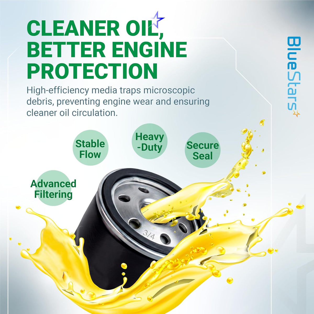 492932S 2-1/4" Oil Filter, product graphic showing filter with oil splash and labeled filtration benefits