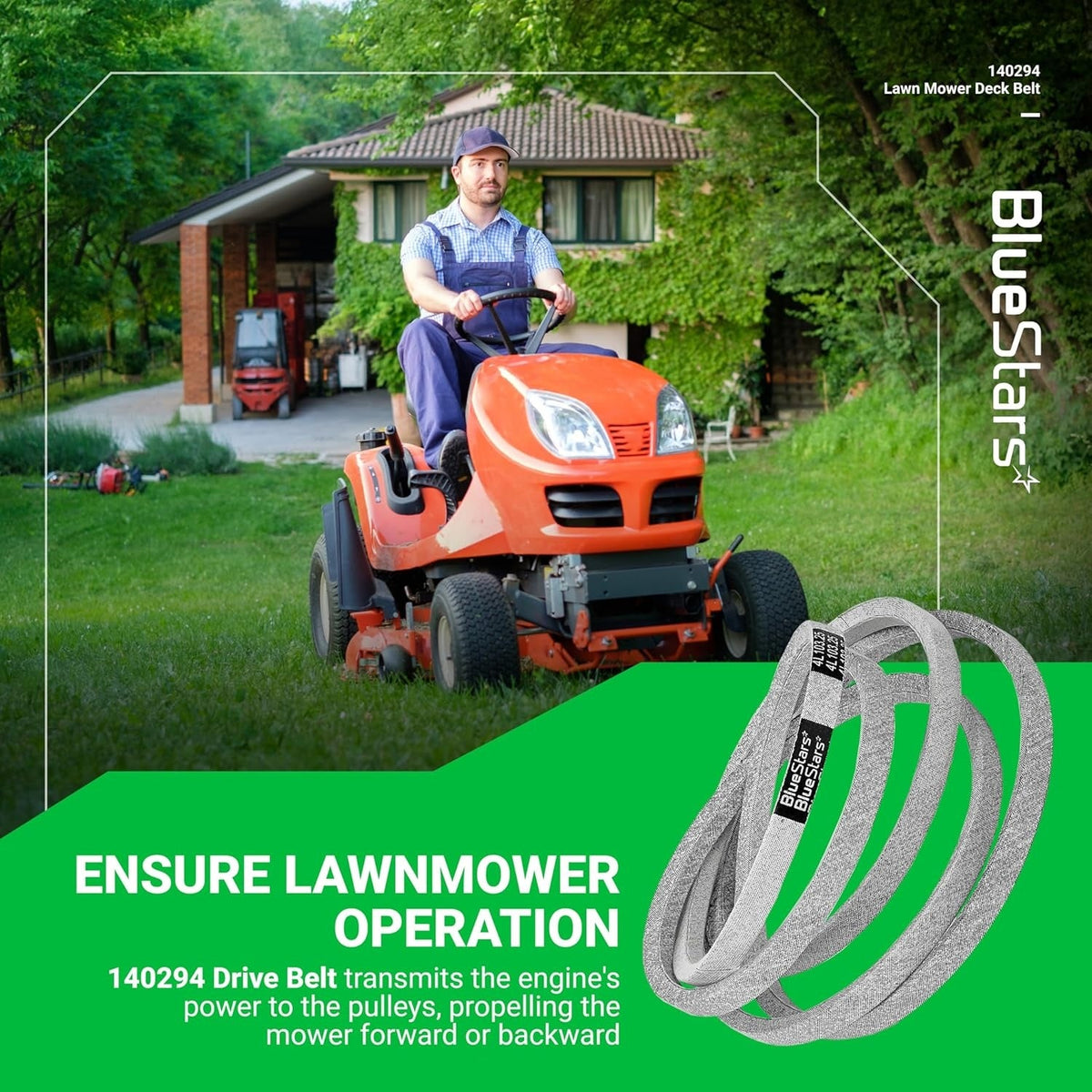 140294 mower ground drive belt for AYP, Husqvarna, and Craftsman ride-on mowers shown in a lifestyle product graphic.