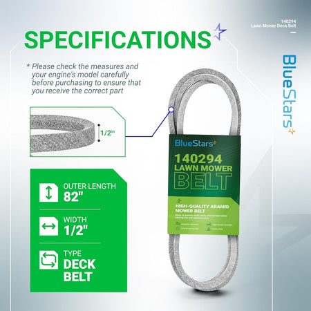 Specification chart for 140294 mower ground drive belt showing 1/2 inch width and 82 inch outer length.