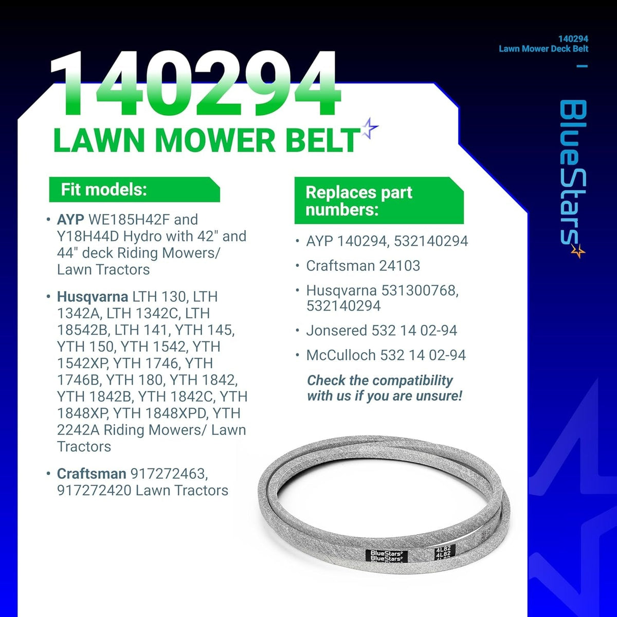 Informational graphic for 140294 mower ground drive belt showing compatibility and replacement part numbers.
