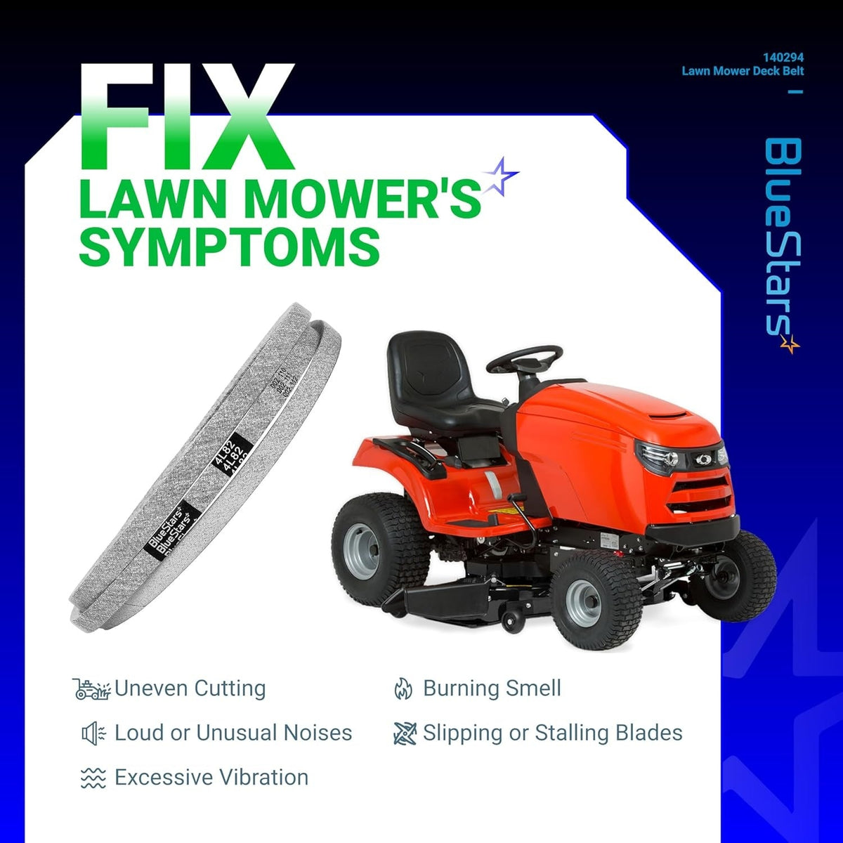 140294 mower ground drive belt shown with a riding lawn mower to illustrate common repair symptoms.