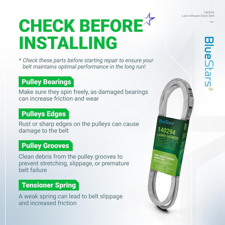 BlueStars 140294 mower ground drive belt installation guide with maintenance tips for pulleys and tensioner springs.