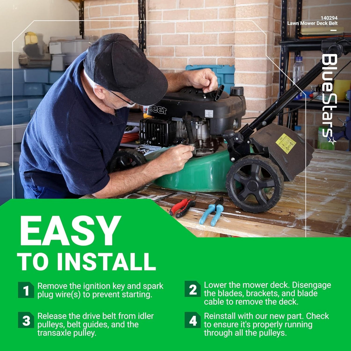 Instructional graphic showing a technician installing a 140294 mower ground drive belt on a lawn mower deck.