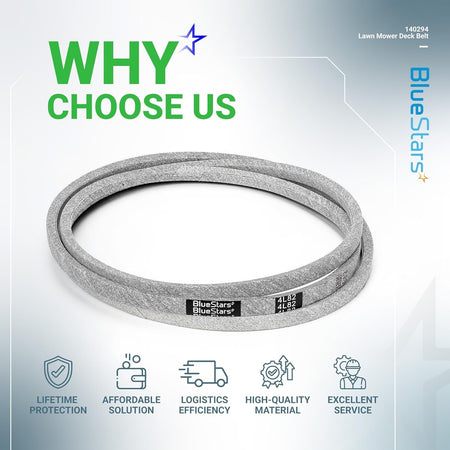 BlueStars 140294 mower ground drive belt for AYP, Husqvarna, and Craftsman ride mowers with service benefit icons.