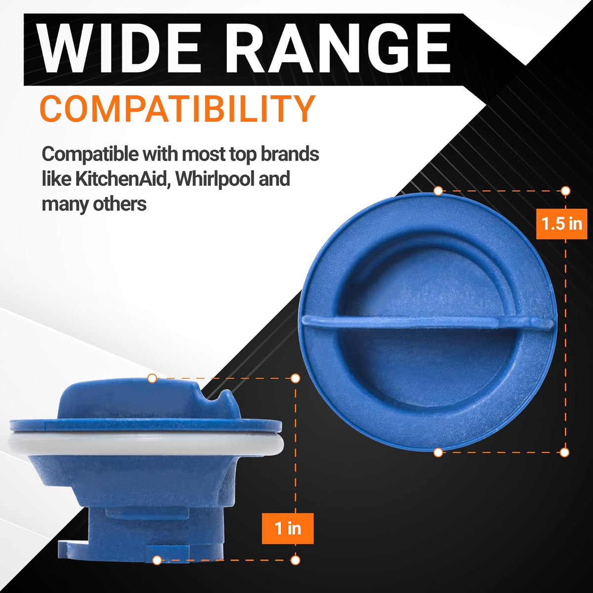 WPW10077881 dishwasher detergent dispenser cap showing top and side dimensions for Whirlpool and KitchenAid compatibility.