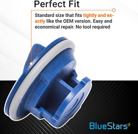 Close-up of blue WPW10077881 dishwasher detergent dispenser cap with grey rubber seal for Whirlpool and KitchenAid.