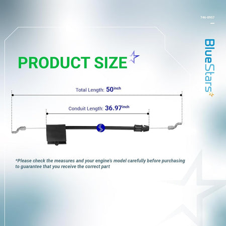 Dimensional diagram showing 50-inch total length and 36.97-inch conduit length for 946-0957 lawn mower control cable.