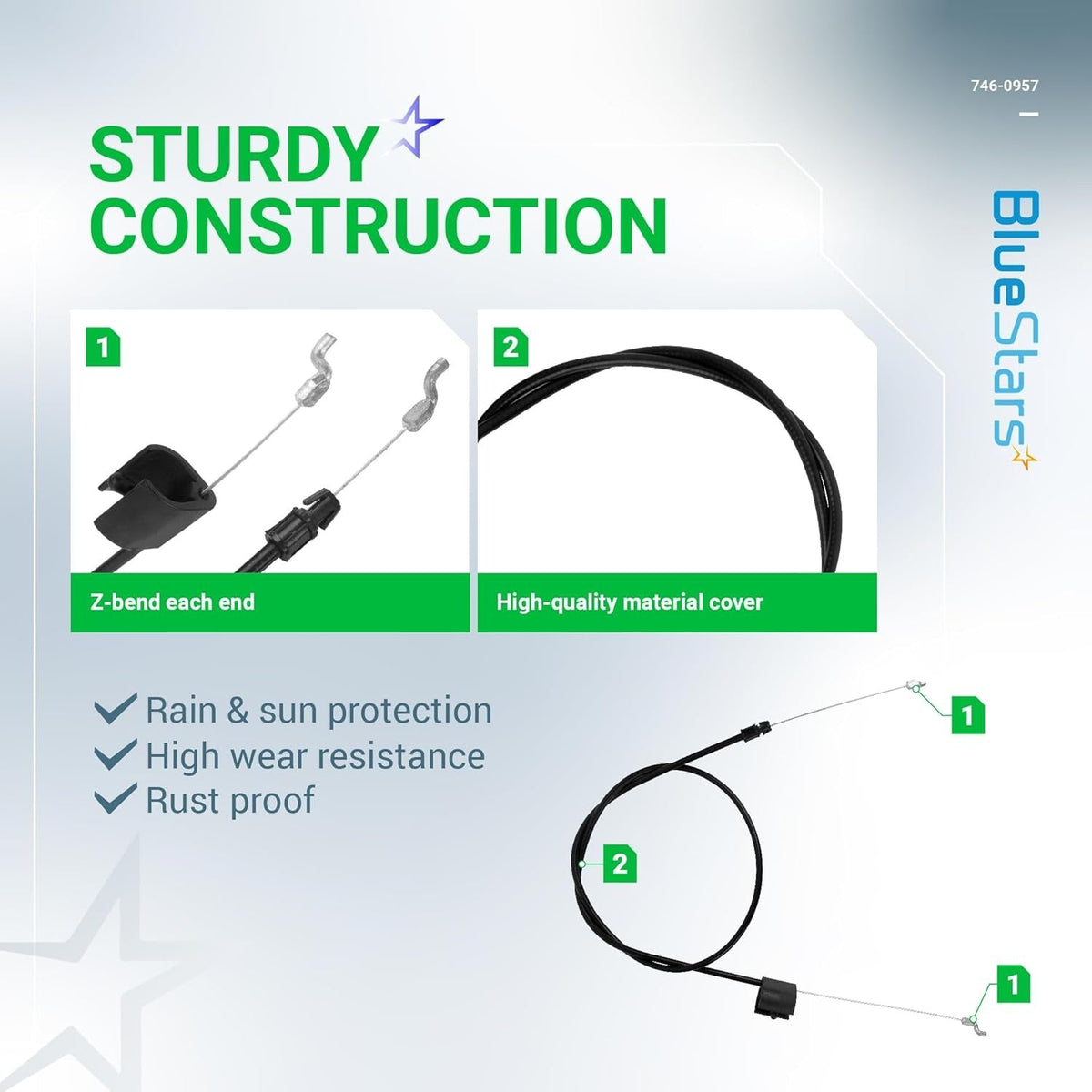 Infographic showing Z-bend ends and durable casing of 946-0957 engine zone control cable for lawn mowers.