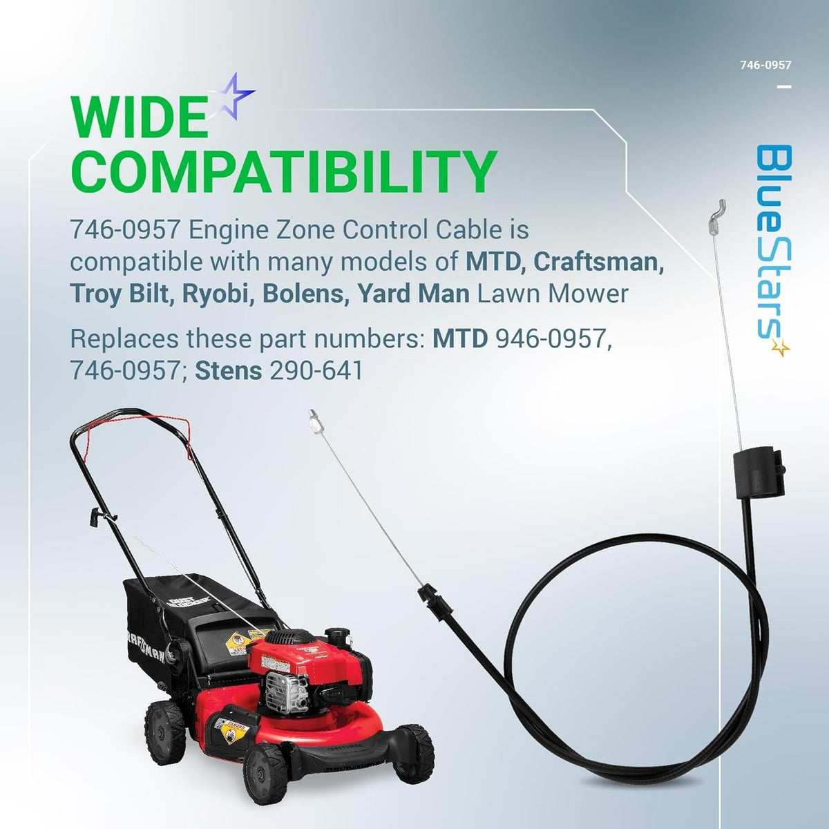 Infographic showing 746-0957 engine zone control cable compatibility with MTD, Troy-Bilt, and Craftsman lawn mowers.