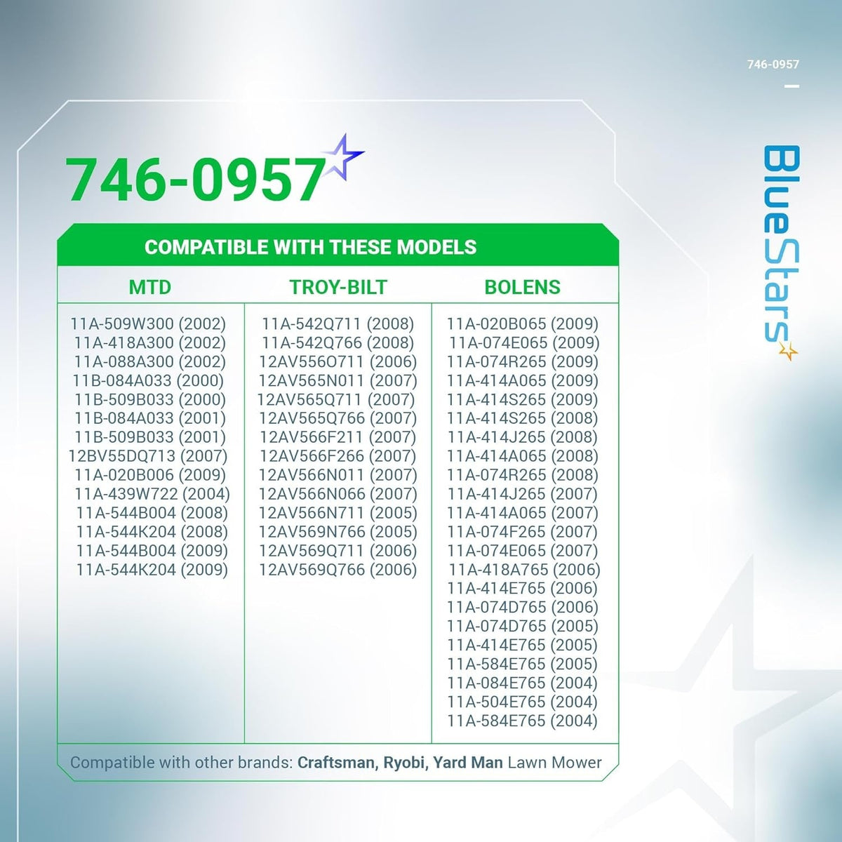 Compatibility chart for 746-0957 engine zone control cable listing MTD, Troy-Bilt, and Bolens lawn mower models.