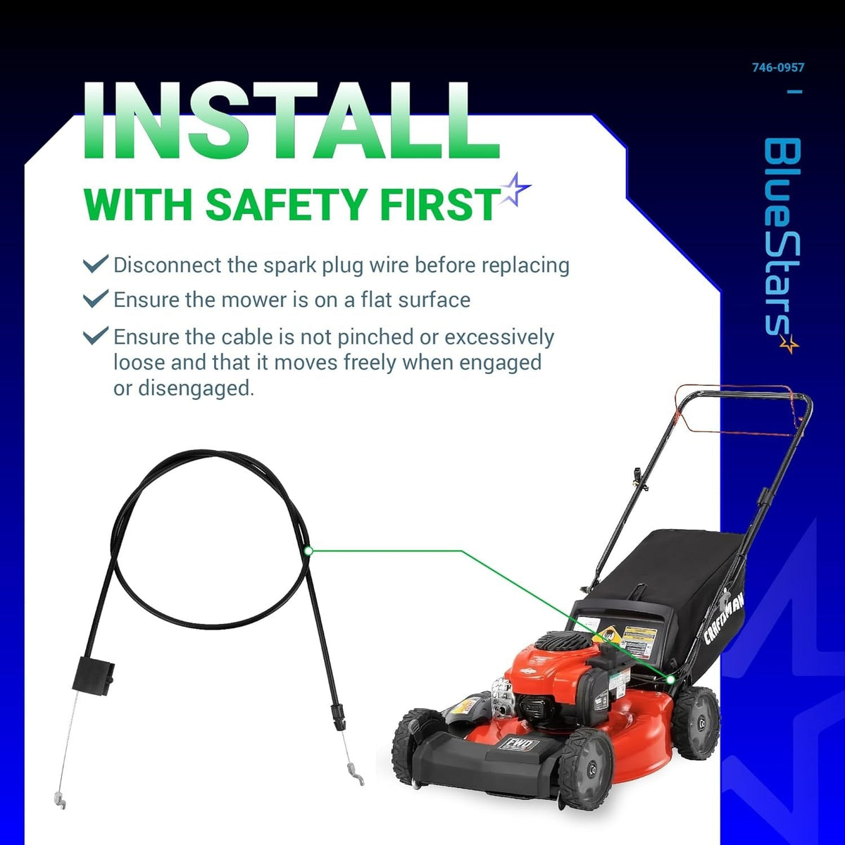 Installation guide for 946-0957 engine zone control cable showing mower placement and safety tips.