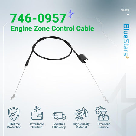 Single 946-0957 engine zone control cable for MTD, Troy-Bilt, Craftsman, and Cub Cadet lawn mowers.