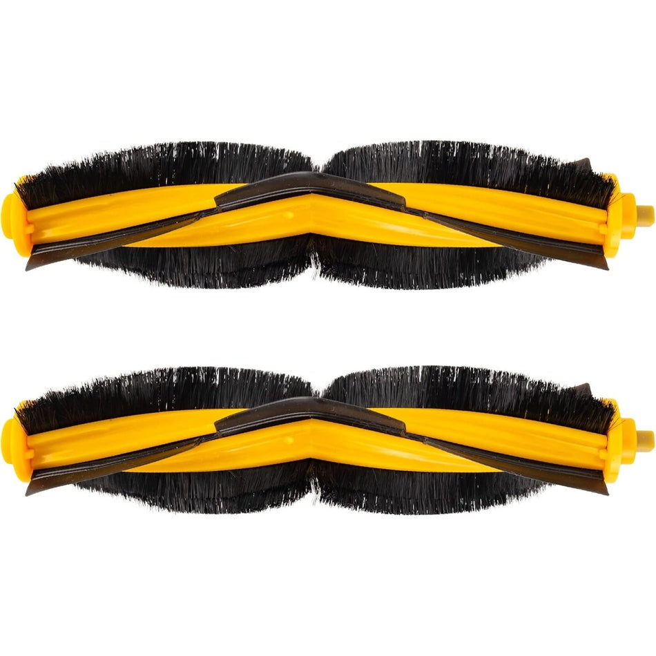 Two replacement main brush rollers for Ecovacs Deebot robot vacuums with yellow and black bristles.