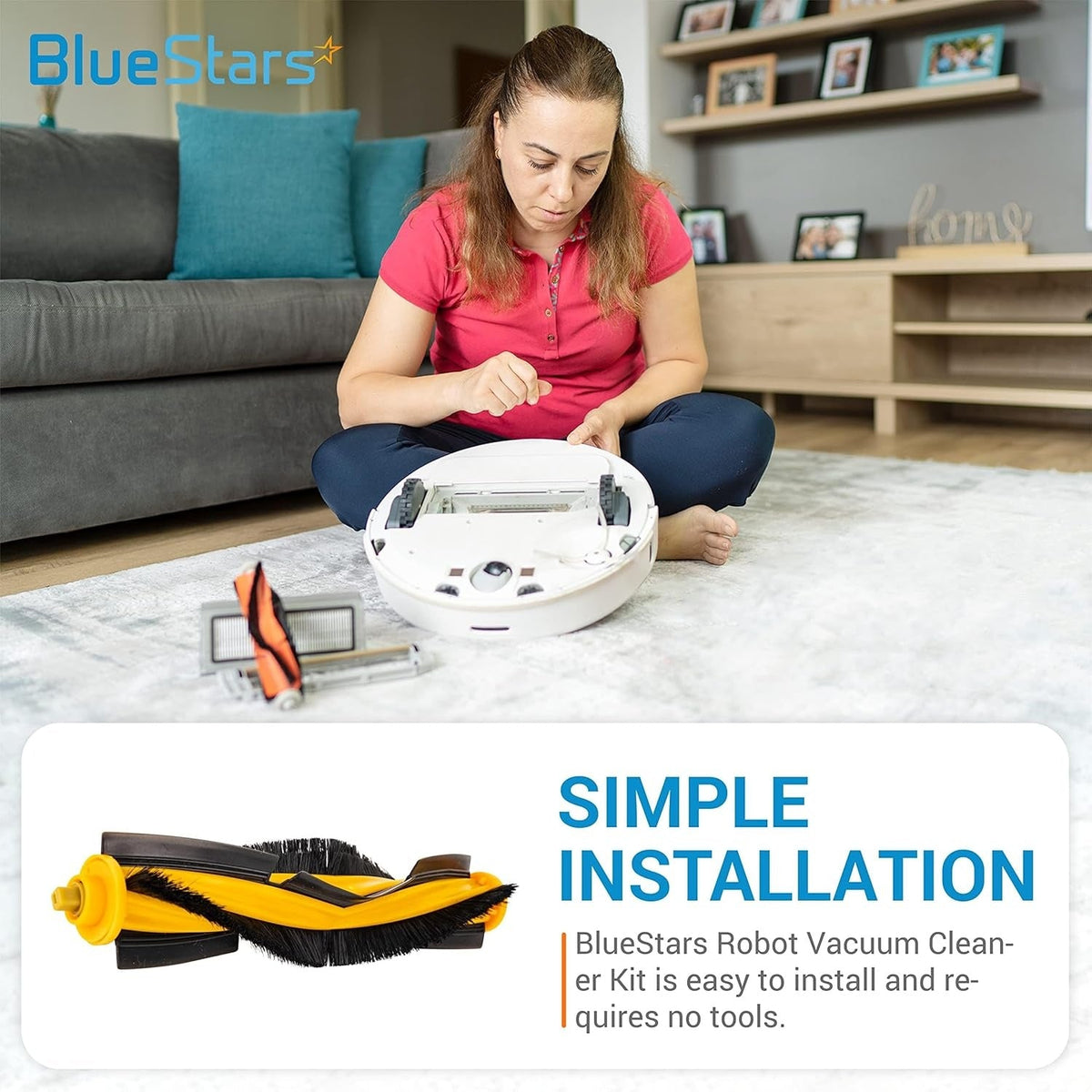Woman installing a replacement main brush roller into an Ecovacs Deebot robot vacuum.