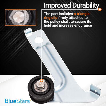 Dryer idler pulley replacement part showing close-up of triangle ring clip for improved durability.