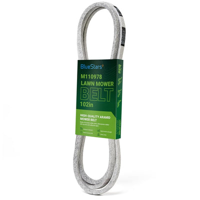 M110978 102-inch mower drive belt in branded packaging for John Deere and Honda lawn mowers.