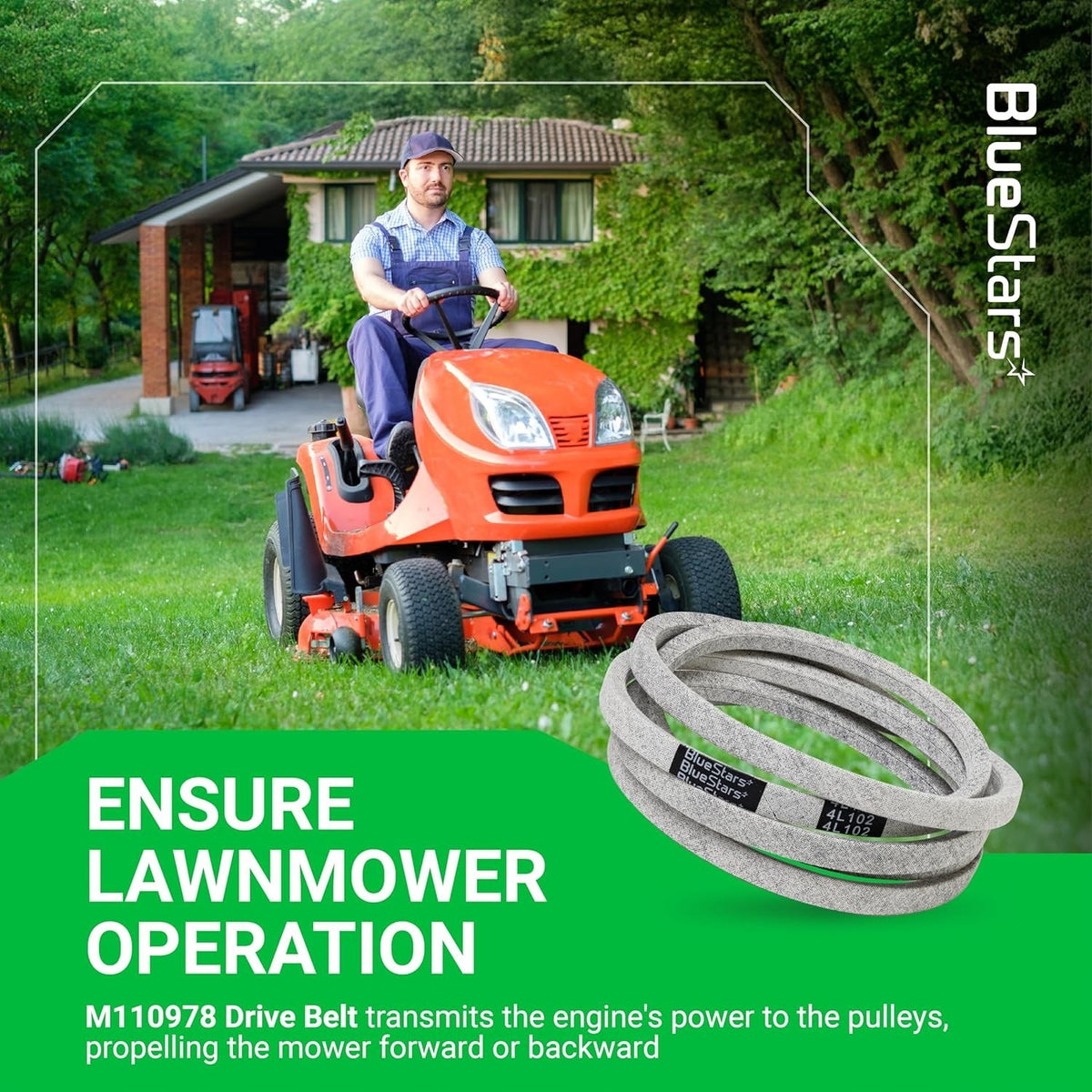 M110978 mower drive belt replacement for John Deere lawn tractors shown in a lifestyle product graphic.