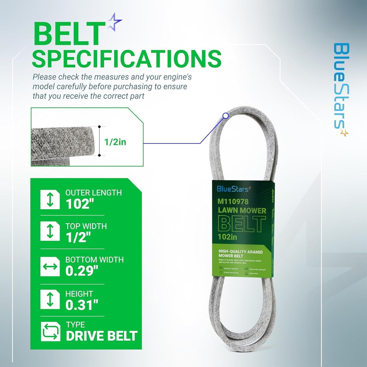 M110978 mower drive belt specifications chart showing 102-inch length and 1/2-inch width dimensions.