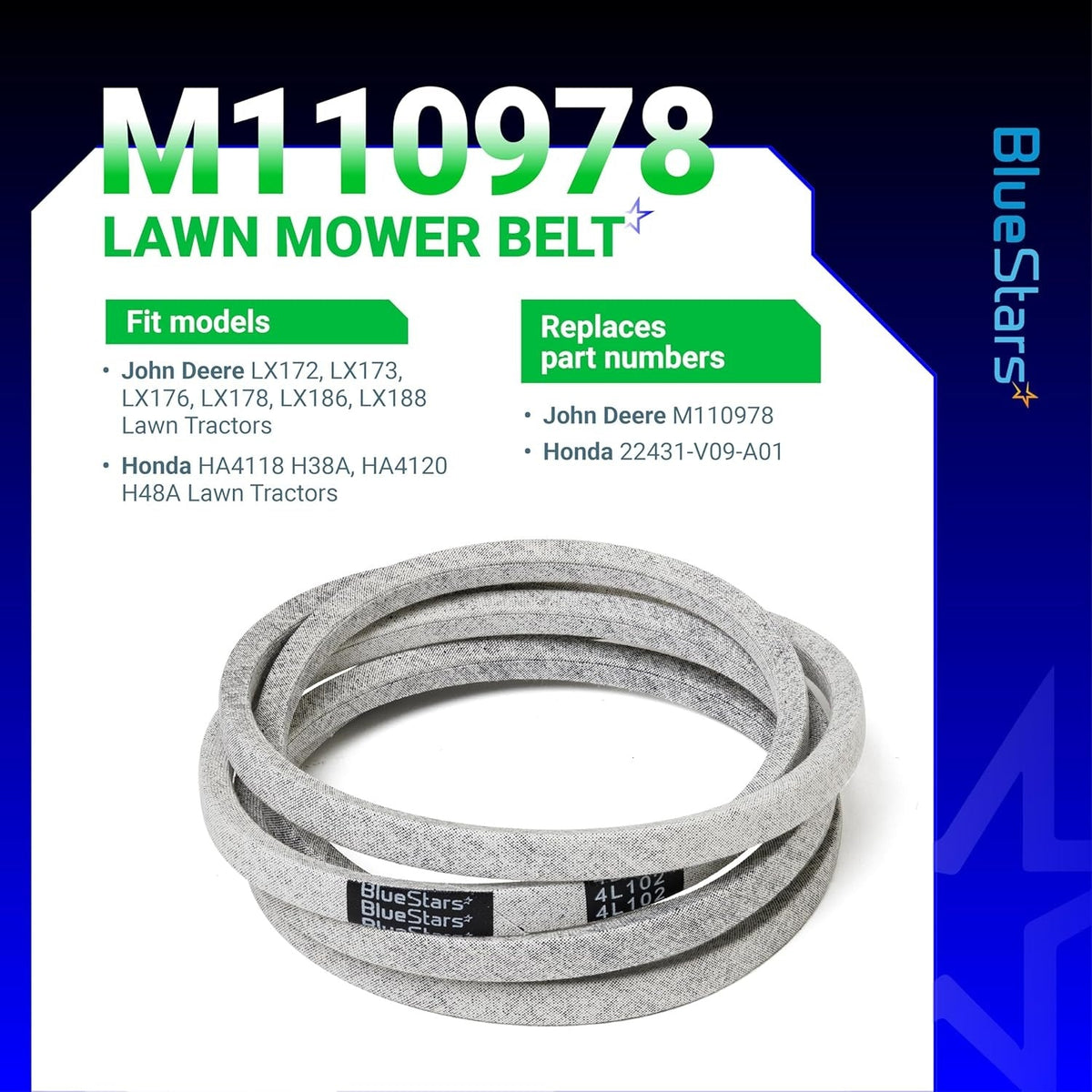 M110978 mower drive belt for John Deere and Honda lawn tractors with compatibility and part number information graphic.