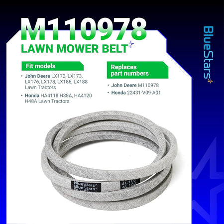 M110978 mower drive belt for John Deere and Honda lawn tractors with compatibility and part number information graphic.