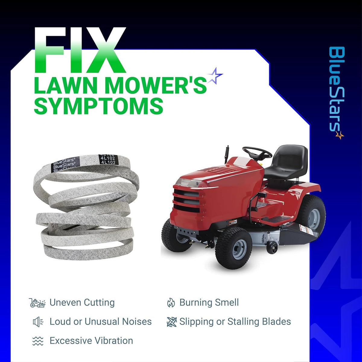 M110978 mower drive belt replacement guide showing symptoms of a faulty belt on a riding lawn mower.